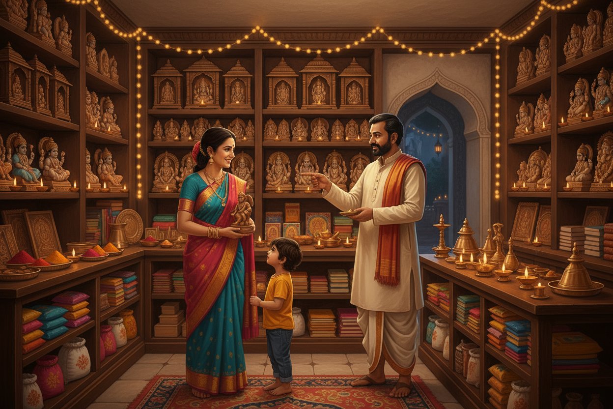 Traditional indian family buying mandir and handicrafts within indian shop