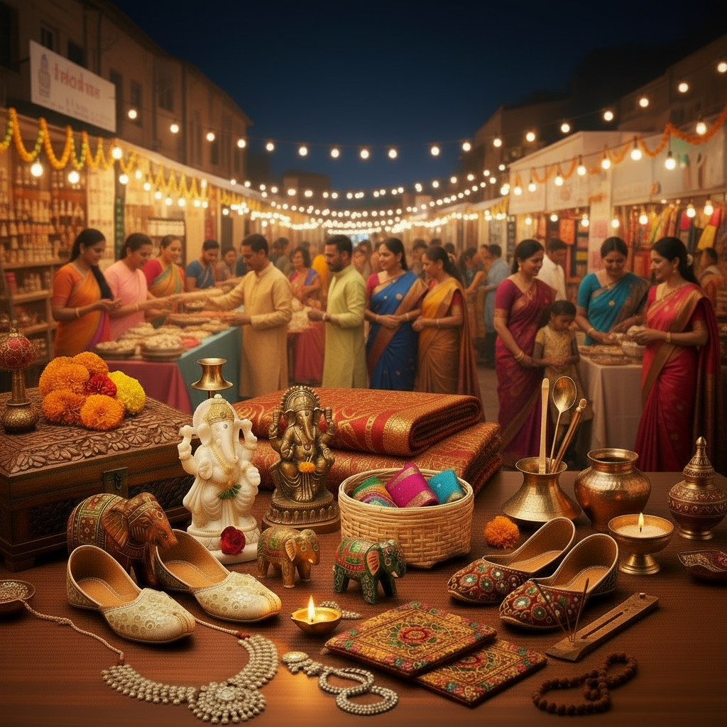 Karva chauth celebration with thali set holded by indian bride and groom in moon light
